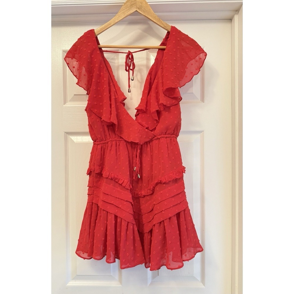Saints + Secrets Mini Dress Women S Red Swiss Dot Ruffle Surplice Tiered